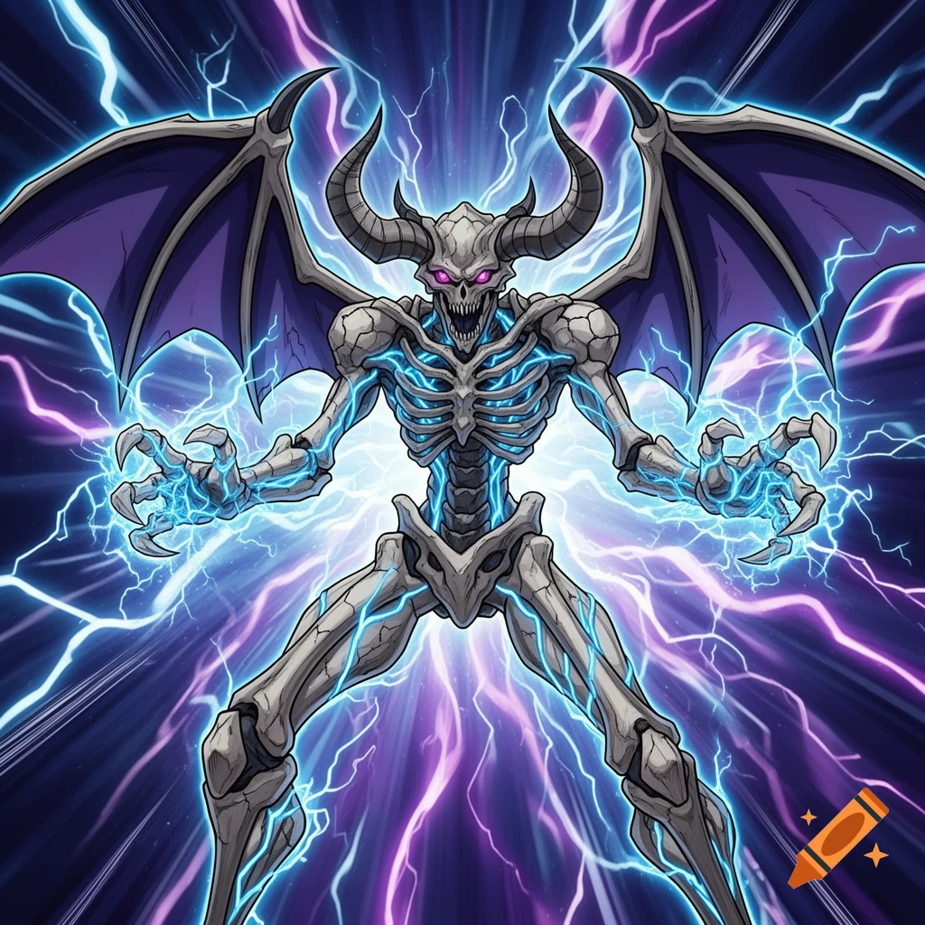 Skeletal demon with horns, bat wings, and glowing purple eyes, emanating blue lightning in an anime style.