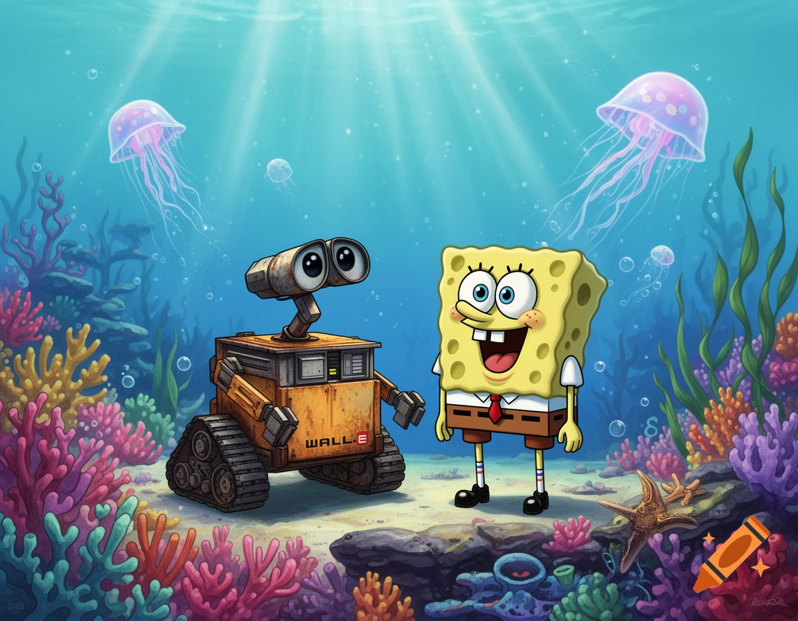 WALL-E and Spongebob meet underwater amidst vibrant coral and floating jellyfish in a bright cartoon illustration.