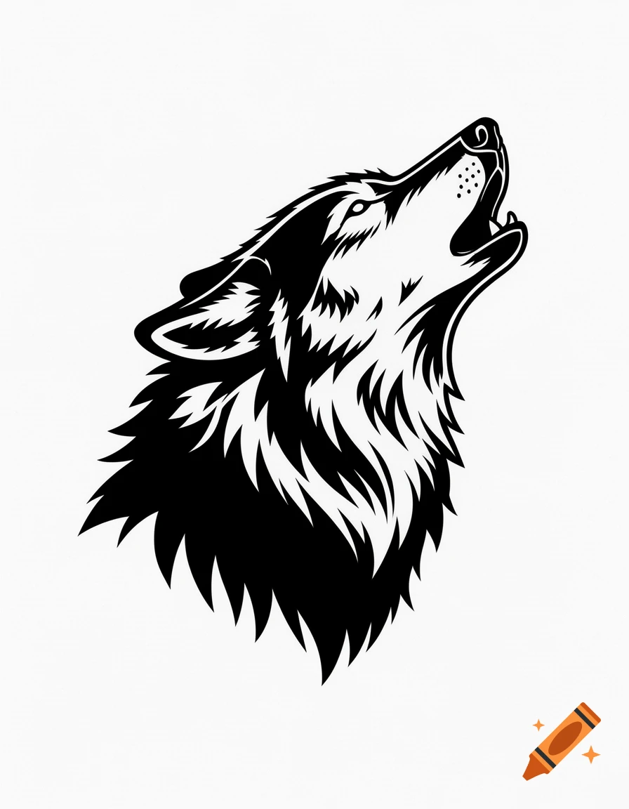 Black and white stylized illustration of a howling wolf's head looking up.