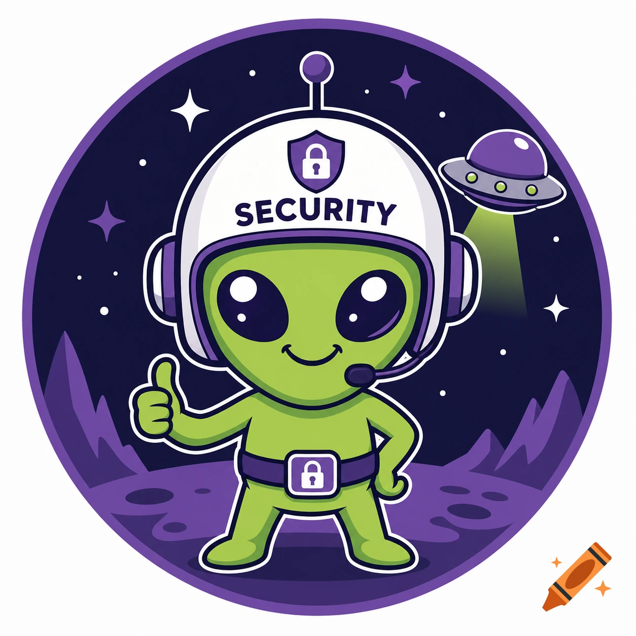 A cute green alien in a white space helmet with 'SECURITY' text and a padlock symbol, giving a thumbs up. It stands on a purple moon surface under a starry, dark purple sky, with a flying saucer in the background, in a clean vector illustration style.