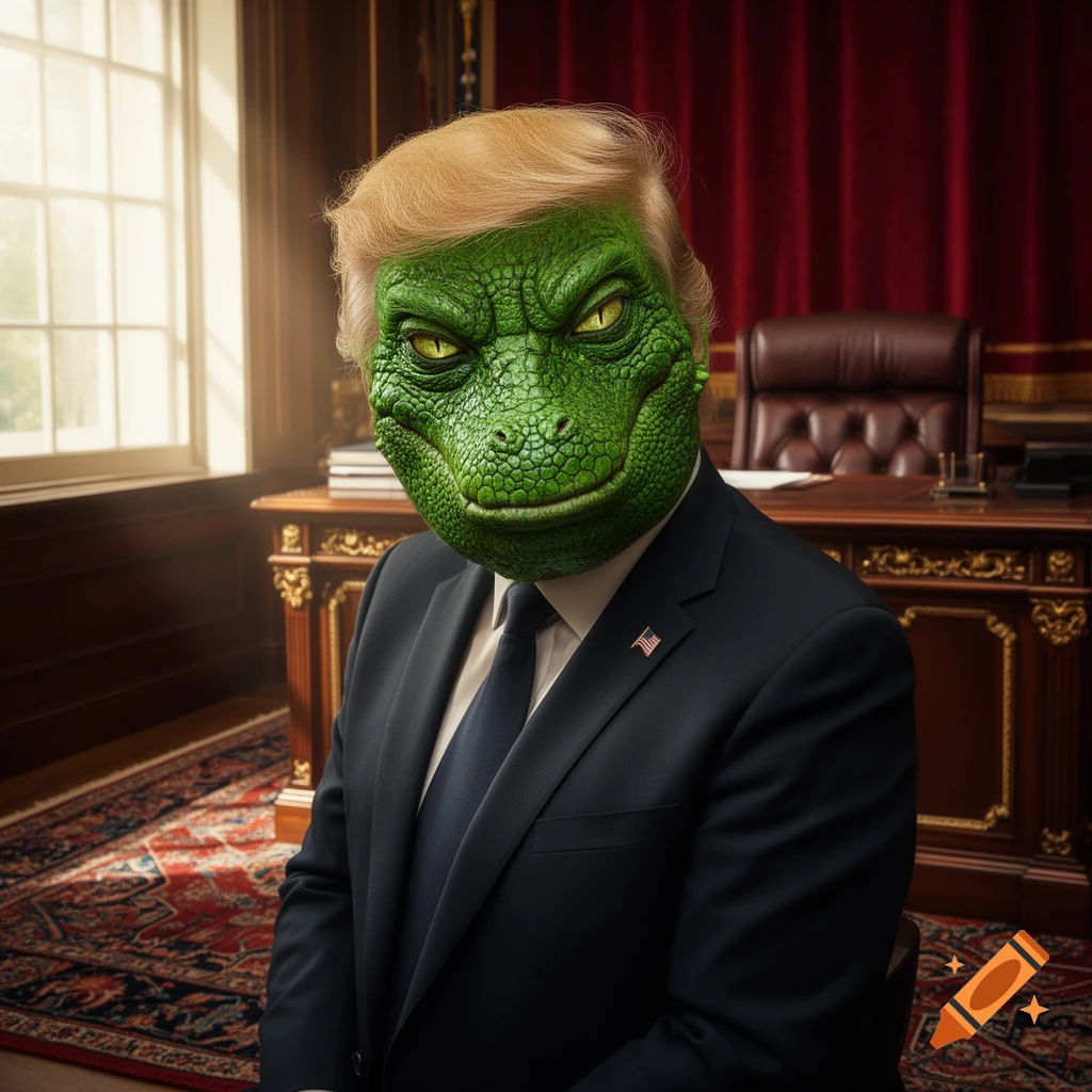 Photorealistic portrait of Donald Trump with a green reptile head, wearing a suit in a formal room with a desk and red curtains.