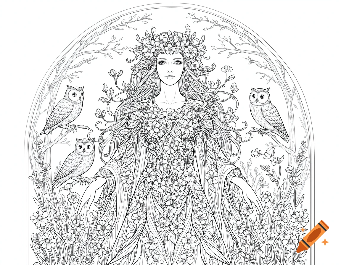 Black and white coloring page illustration of the Welsh goddess Blodeuwedd adorned with flowers, flanked by three owls on branches.