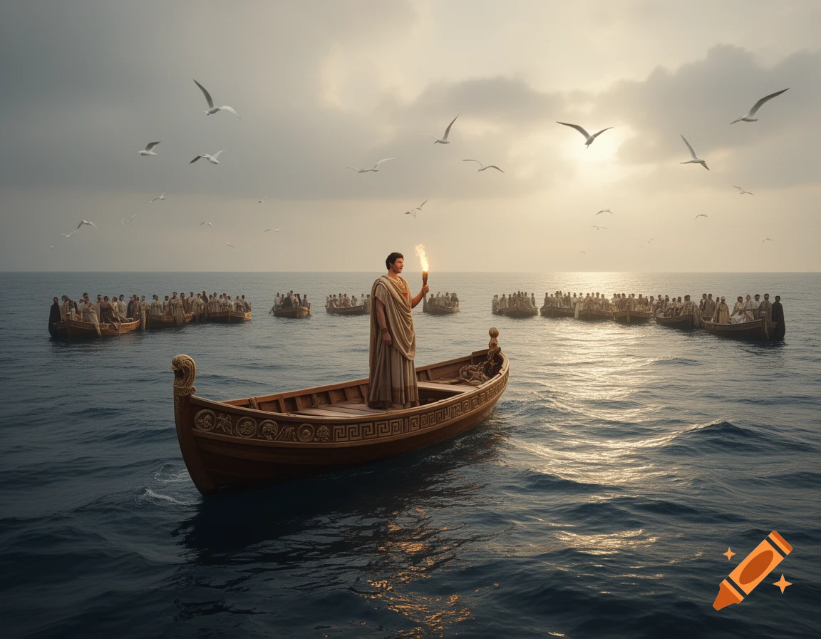 A man in a toga holds a torch while standing in a boat, surrounded by other boats filled with people at sea under a cloudy sunrise.