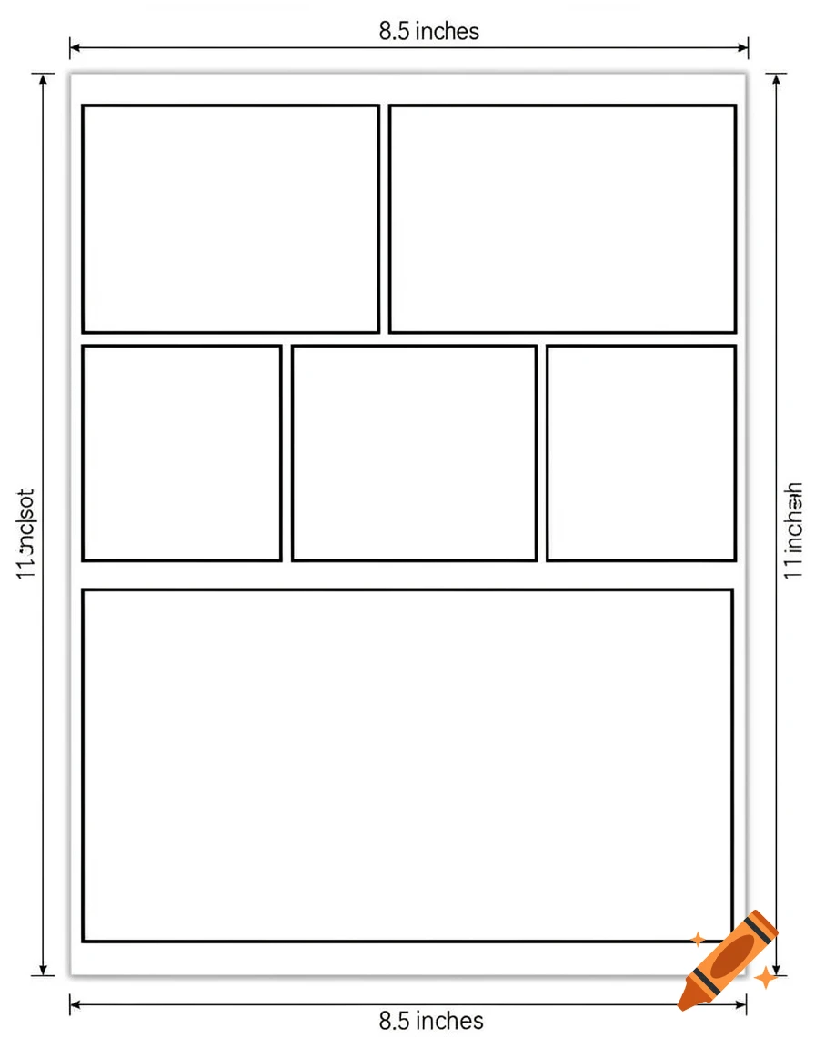 Blank comic book template with multiple panels, showing a top row of two rectangles, a middle row of three squares, and a large single panel at the bottom, with dimensions 8.5 by 11 inches labeled.