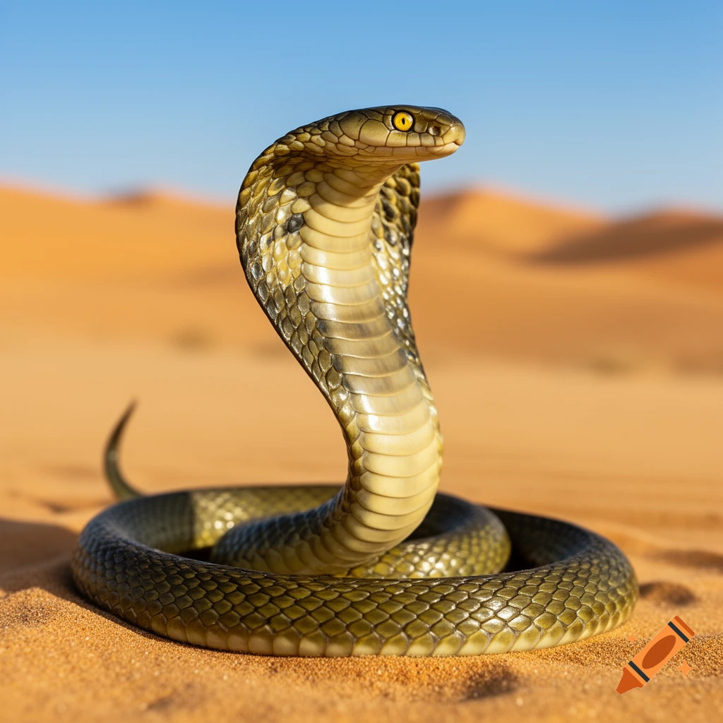 Photorealistic cobra with its hood spread, coiled in golden desert sand under a clear blue sky.