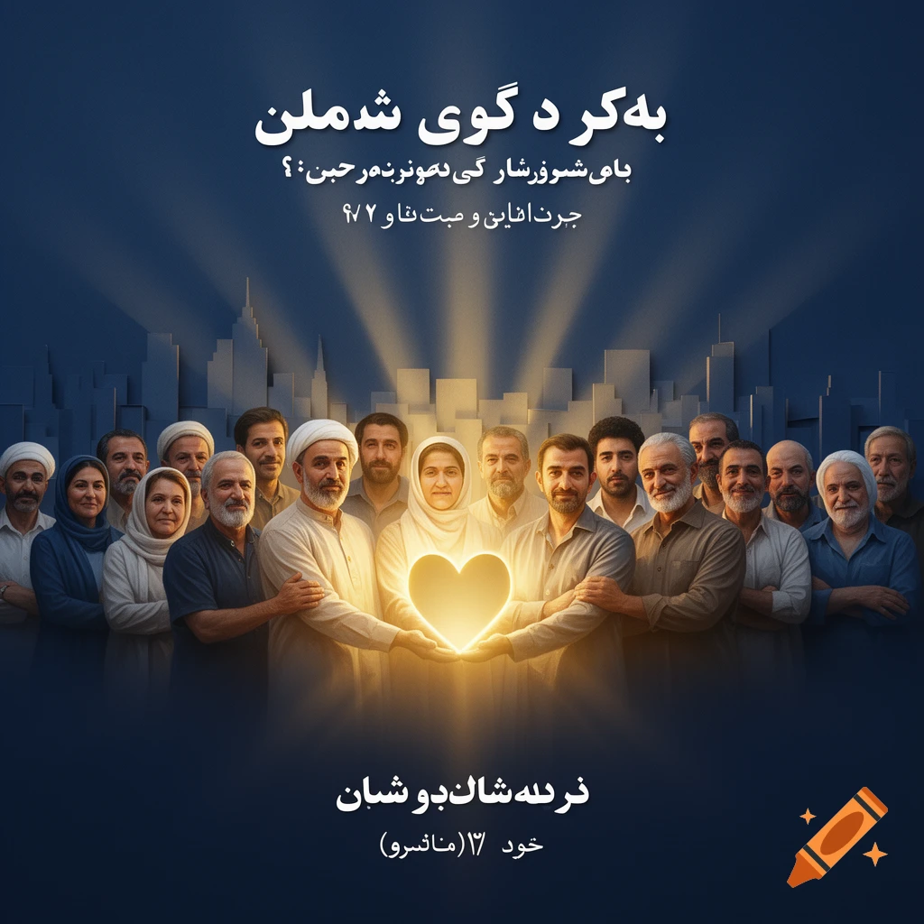 A diverse group of people in traditional attire holding a glowing heart, symbolizing unity and hope, against a city silhouette background.