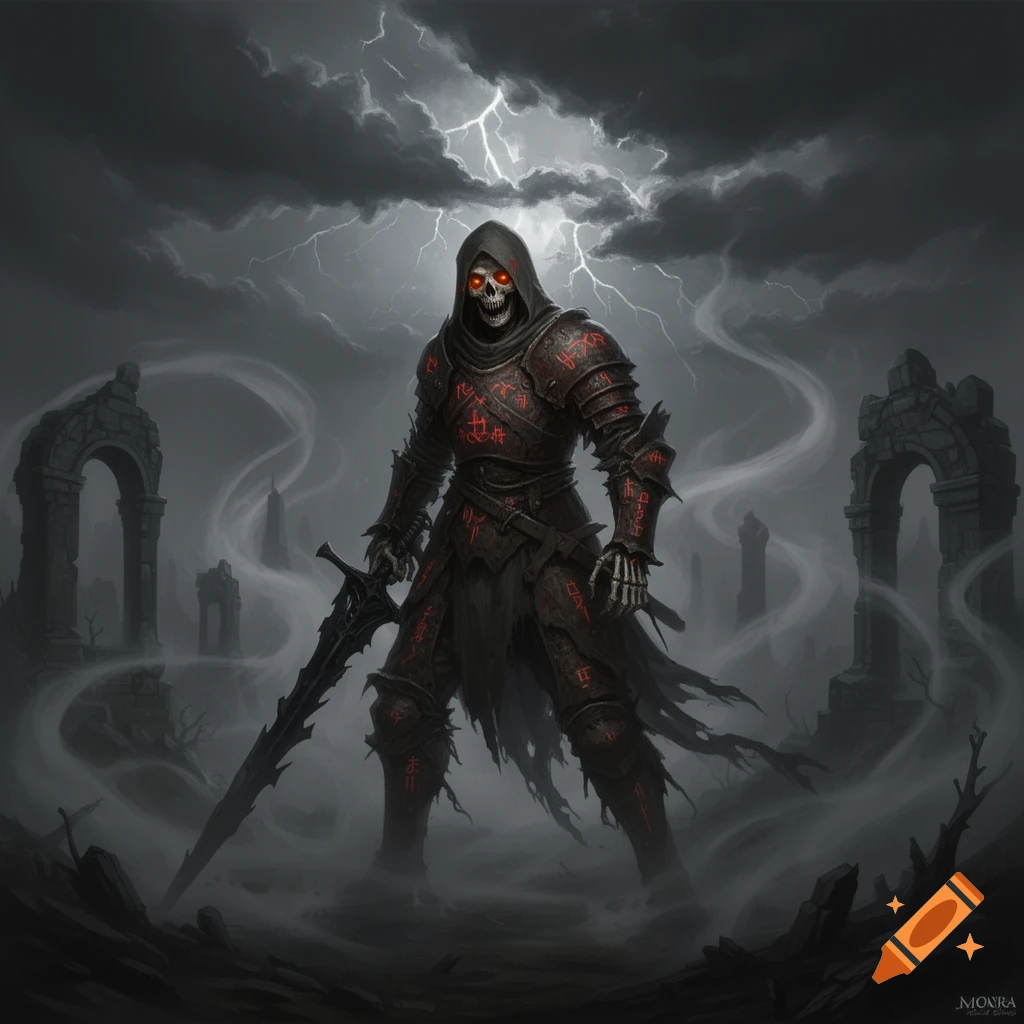 A skeletal warrior in ornate dark armor with glowing red eyes holds a sword in a misty, ruined landscape under a stormy, lightning-filled sky.