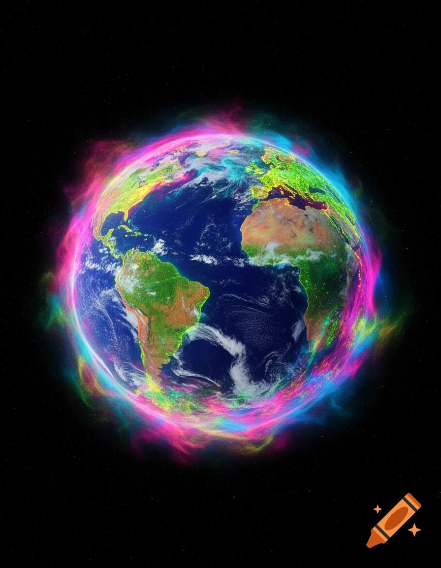 A vibrant Earth with bright city lights surrounded by a swirling, multicolored aura against a star-filled black background.
