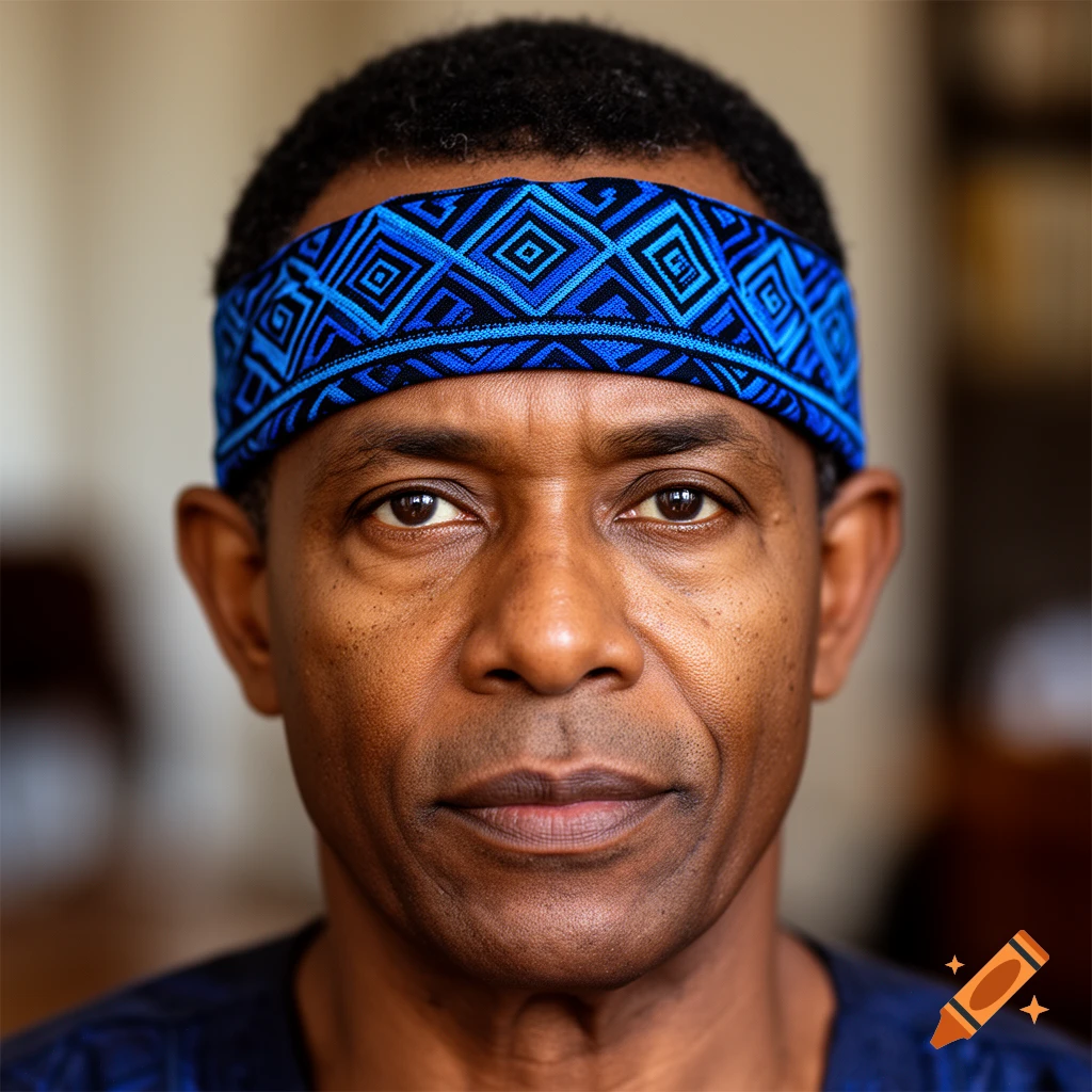 Close-up portrait of a man with a dark skin tone and short black hair, wearing a blue and black patterned headband.