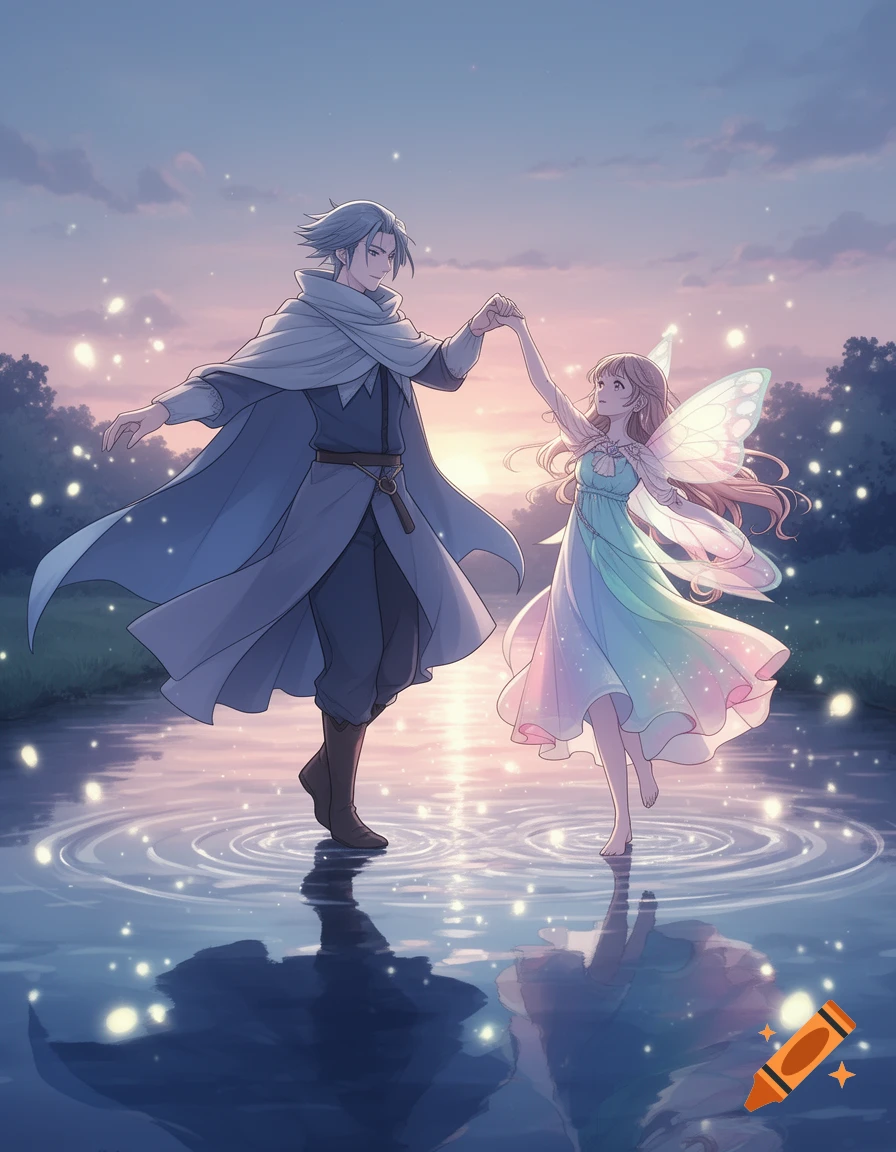 An anime man and a fairy-like woman dance in shallow water at sunset, holding hands with sparkling lights around them.