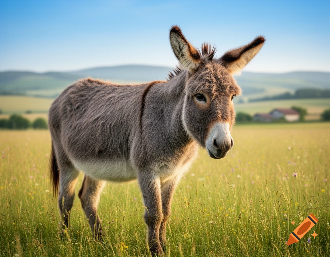 A photorealistic donkey stands in a vibrant green grassy field under a clear blue sky, with rolling hills in the background.