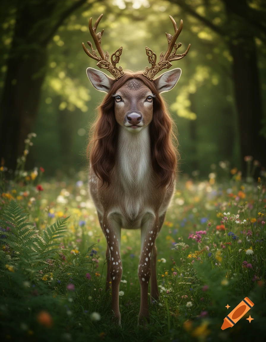 A deer-like creature with long brown hair and ornate golden antlers stands in a field of wildflowers in a forest. Photorealistic.