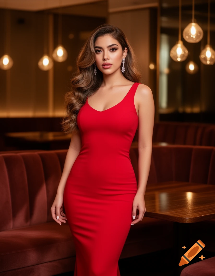 A beautiful woman in a form-fitting red dress poses in a dimly lit restaurant.