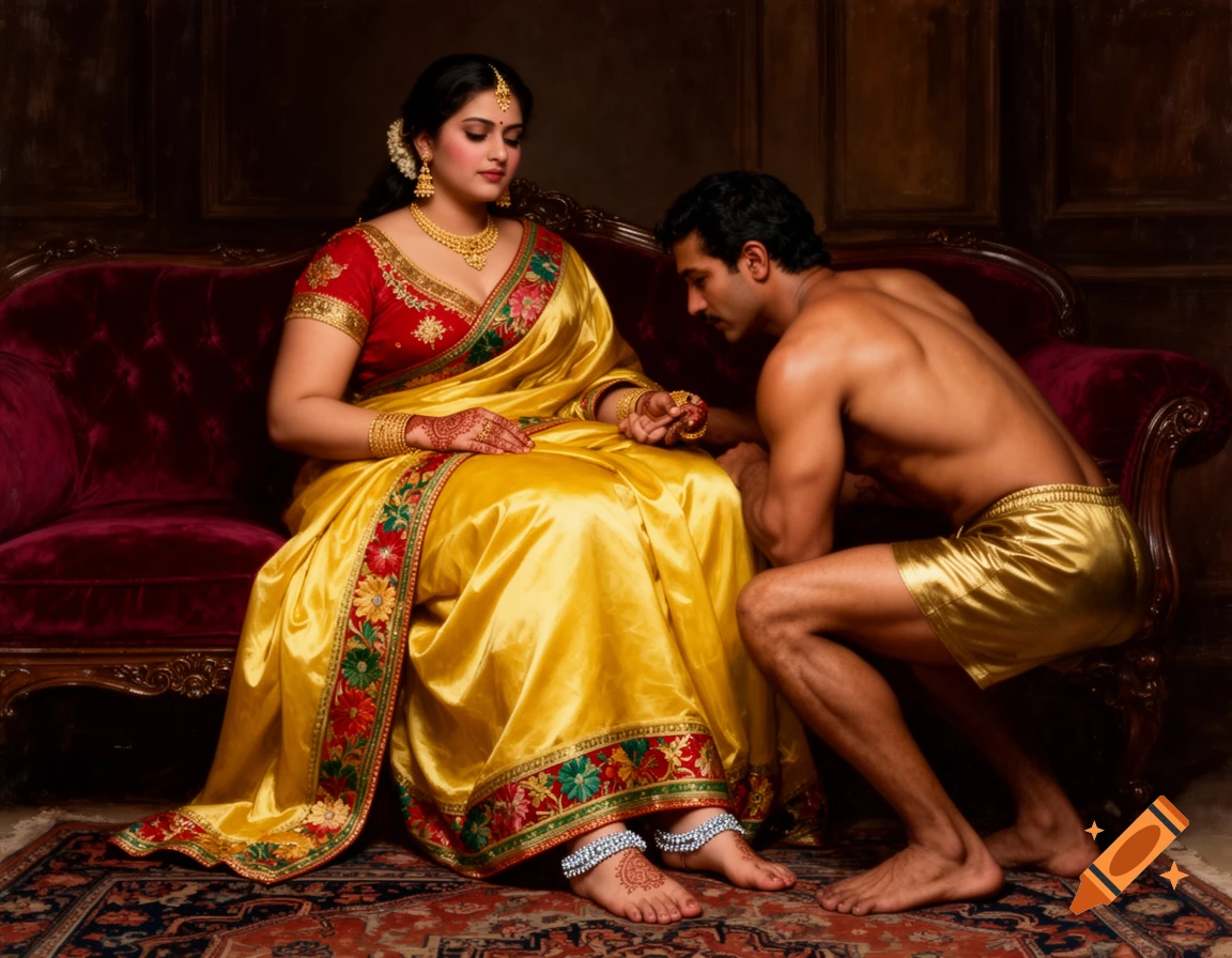 A regal Indian woman in a yellow silk saree seated on a velvet sofa, while a shirtless man kneels before her in a painterly style.