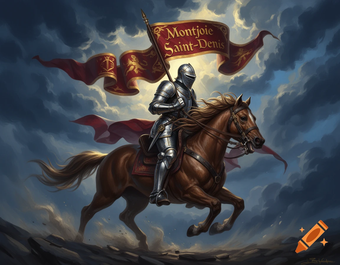 A knight in shining armor on a brown horse, holding a red banner with "MONTJOIE SAINT-DENIS", against a dramatic cloud-filled sky.