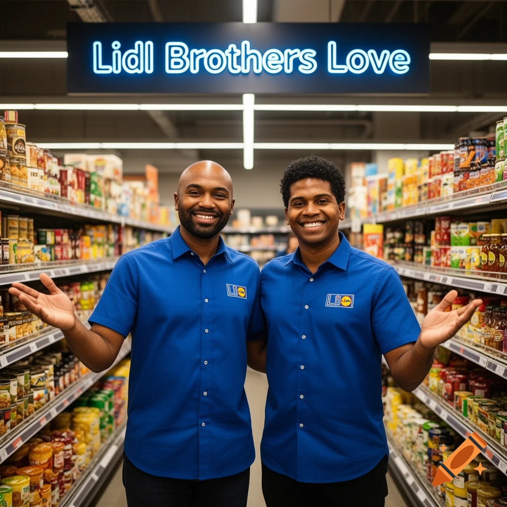 Two smiling men in blue shirts with 'Lidl' logos stand in a supermarket aisle with a 'Lidl Brothers Love' sign above them.