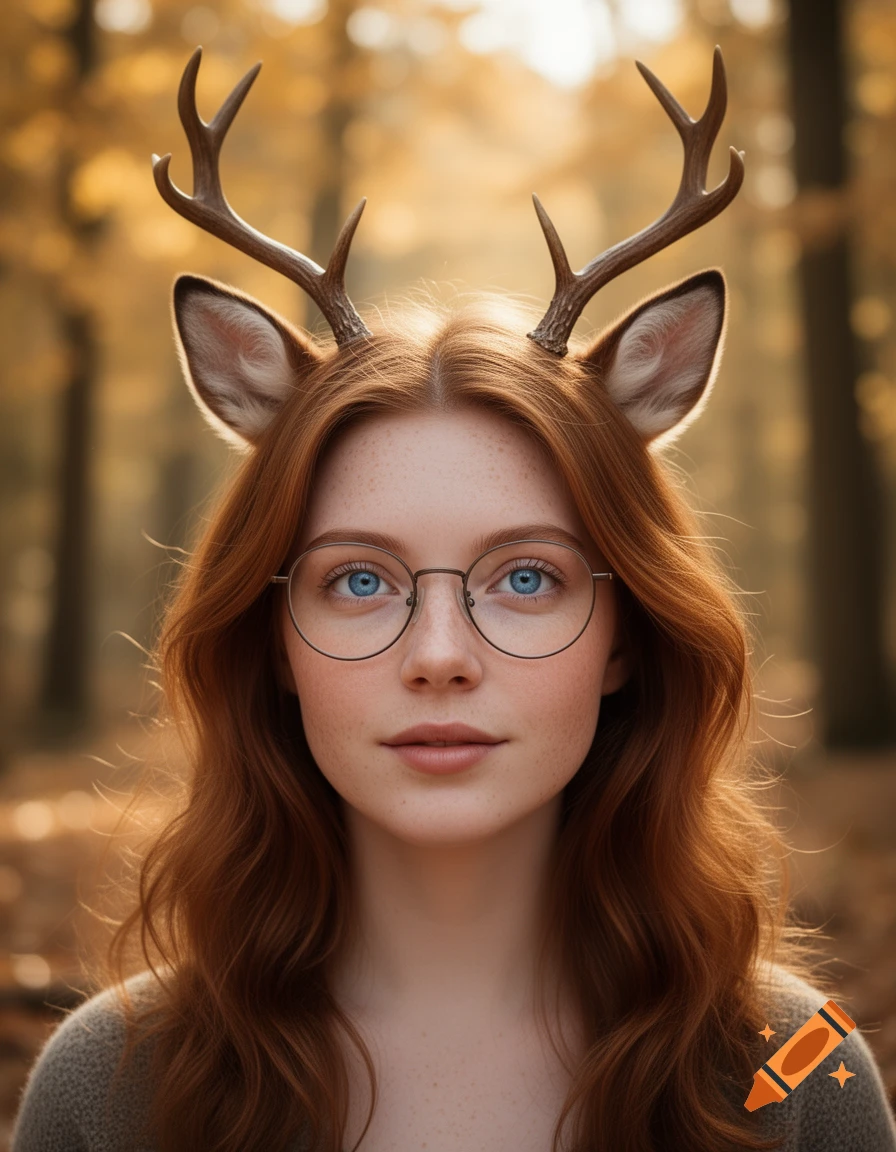 Photorealistic portrait of a woman with auburn hair, blue eyes, freckles, glasses, deer ears, and antlers in a golden forest.