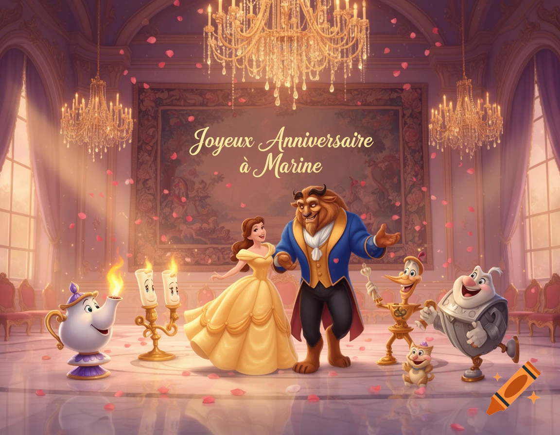 Disney's Belle and Beast with their enchanted friends celebrate a birthday in a lavish ballroom with falling rose petals. Text: 'Joyeux Anniversaire à Marine'.