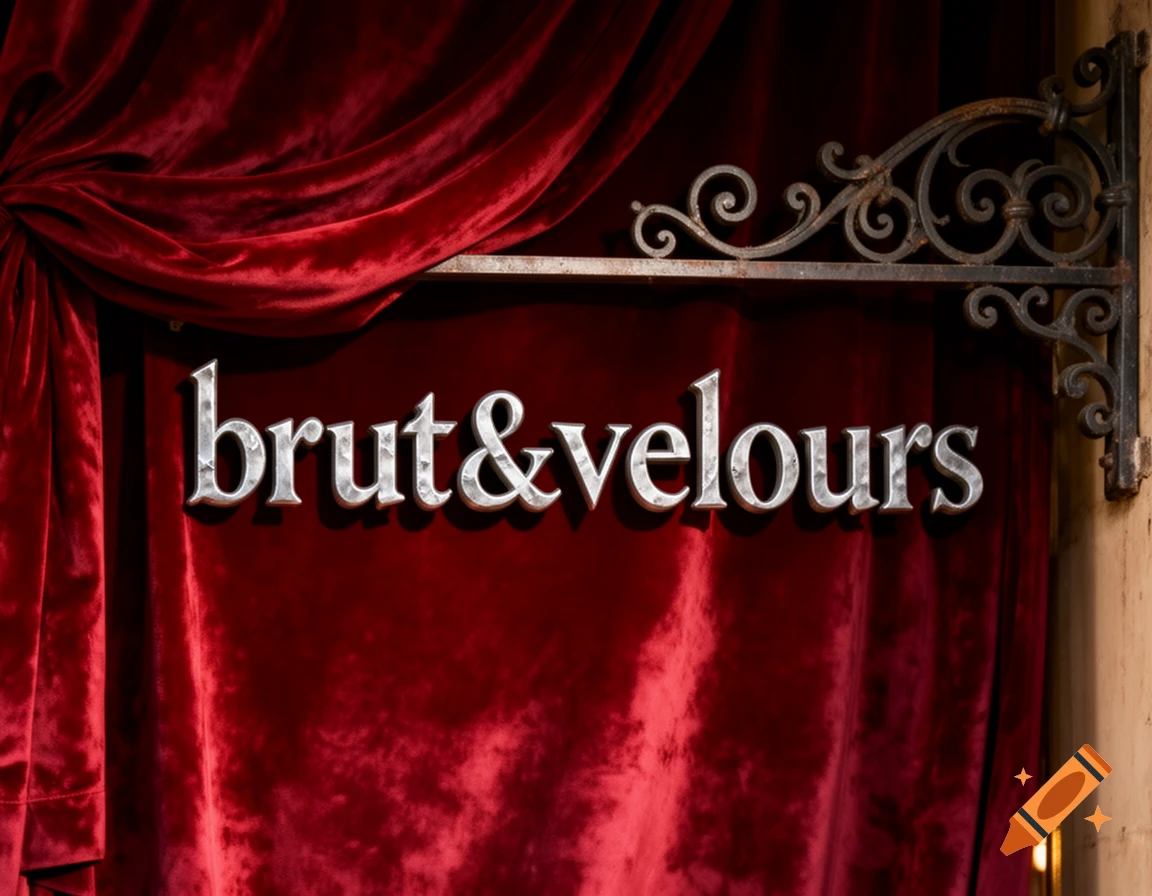 Metal sign 'brut&velours' against a draped red velvet curtain, with an ornate iron bracket.