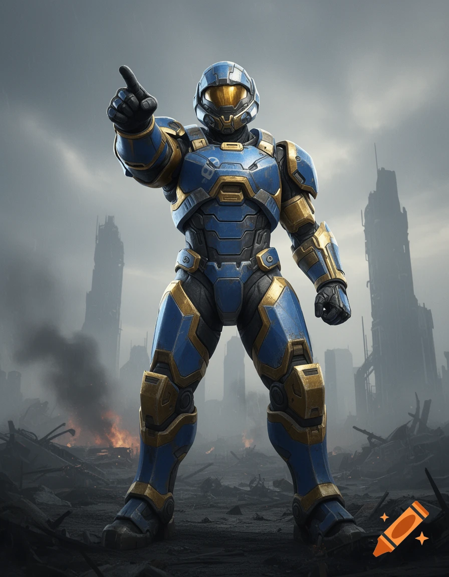 A blue and gold armored futuristic soldier points forward in a desolate, ruined city landscape, photorealistic style.