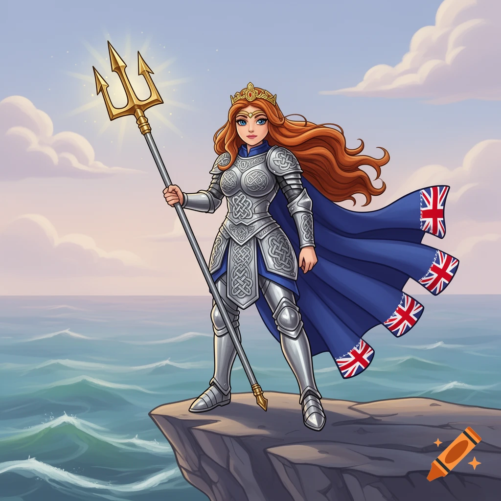 A red-haired female warrior in silver armor and a blue cape, holding a golden trident, stands on a cliff overlooking the sea. The cape has Union Jack flag patterns.