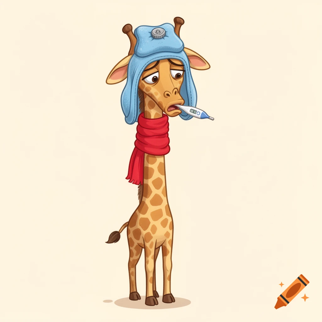 A cartoon giraffe looks sad, wearing a blue ice pack on its head, a red scarf around its neck, and a thermometer in its mouth.