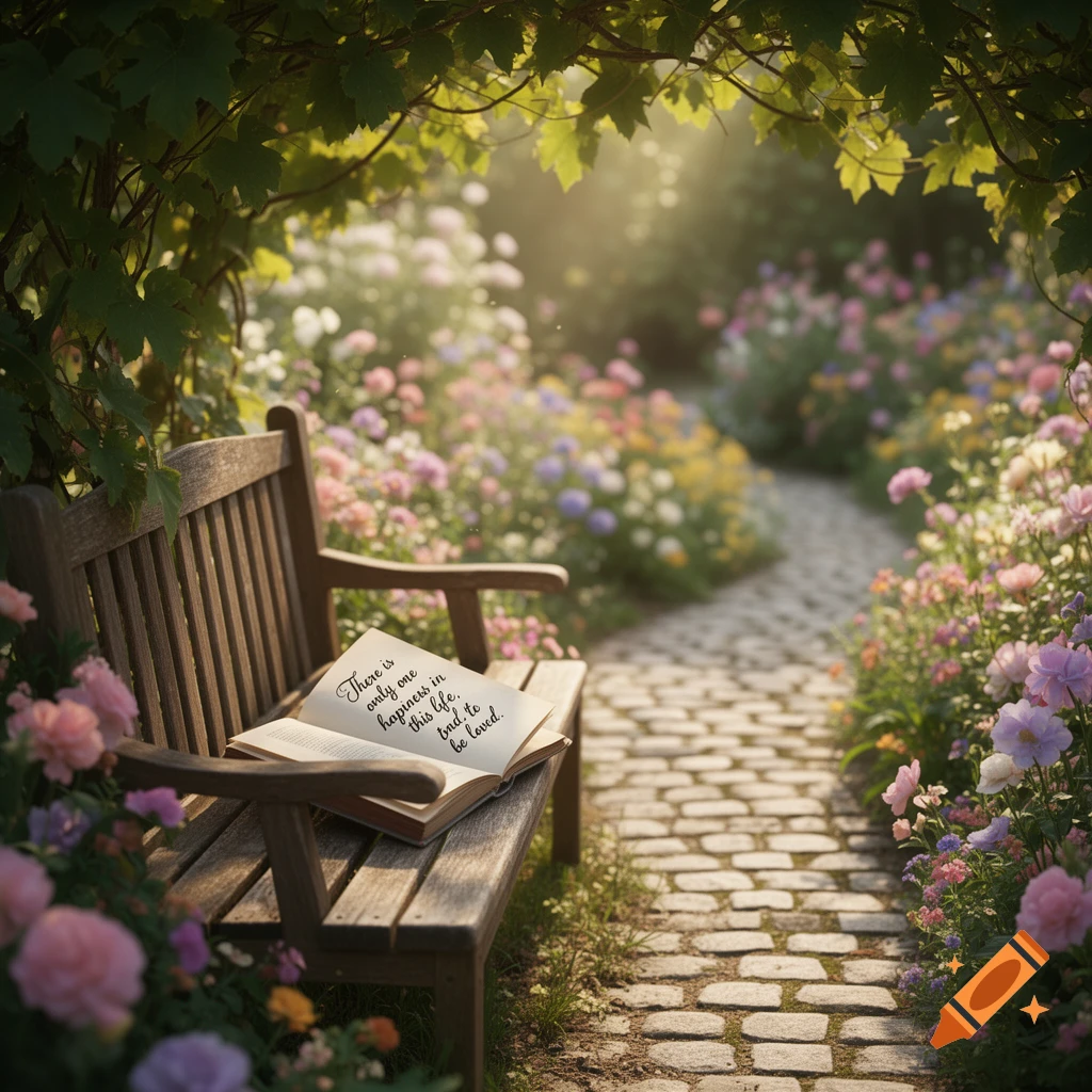 A photorealistic image of a wooden bench with an open book on a sun-dappled garden path, surrounded by colorful flowers and green leaves.