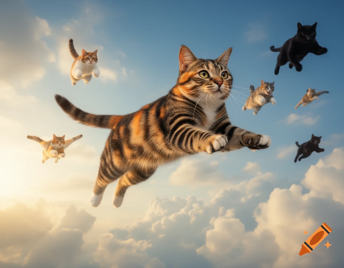 Several cats, including a large tabby in the foreground, are flying through a bright, cloudy sky with a warm glow.