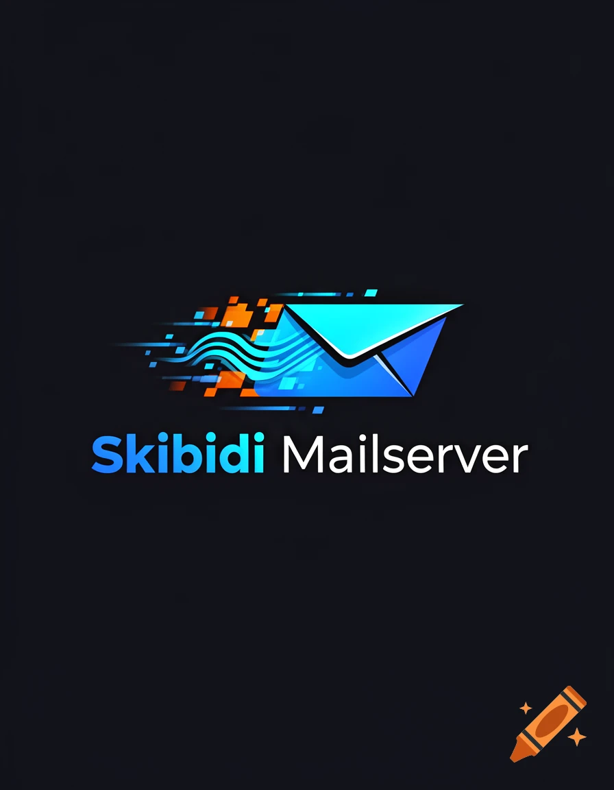 A stylized blue envelope logo with digital elements indicating motion and data flow, with the text "Skibidi Mailserver" below it on a dark background.