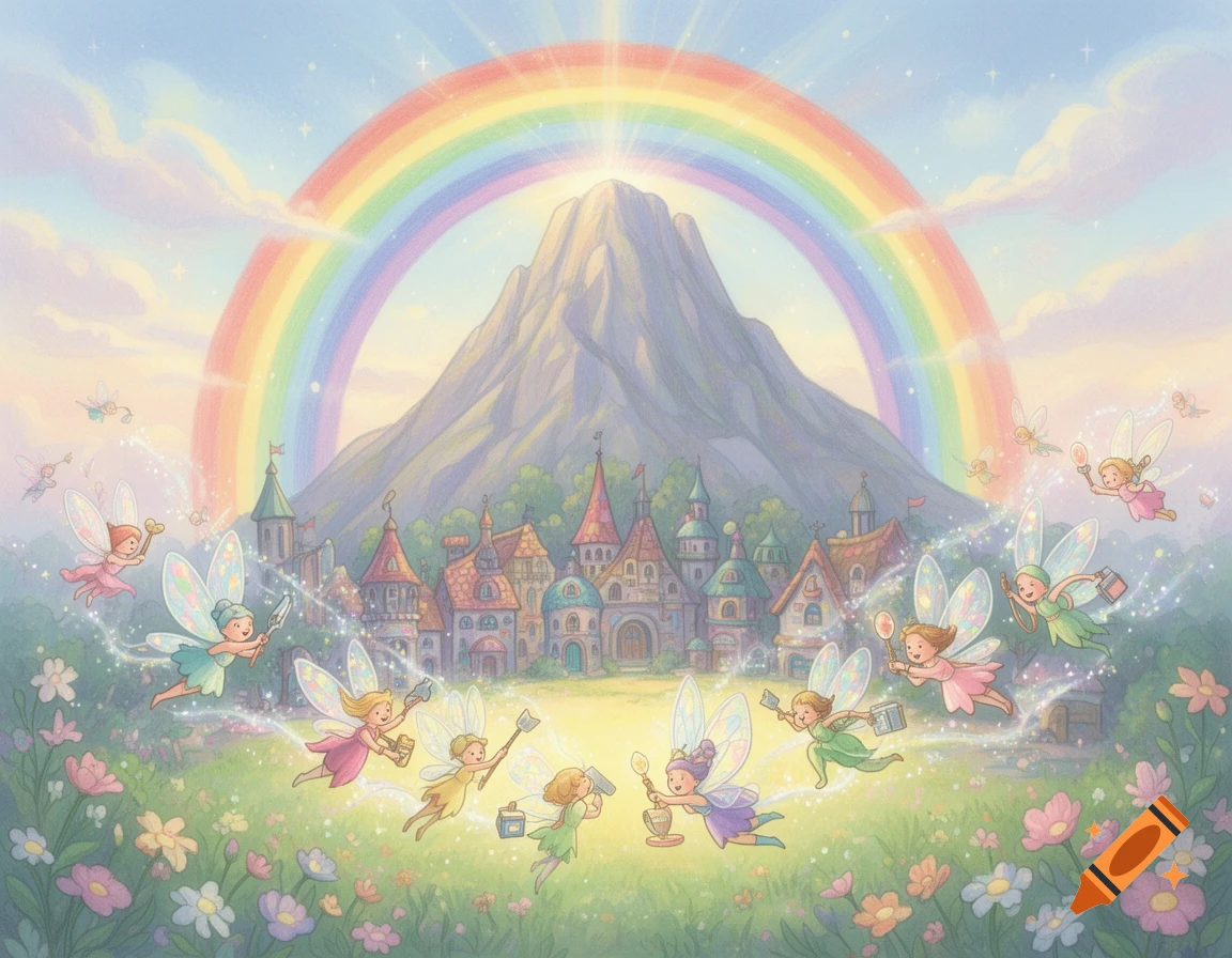 Whimsical illustration of fairies flying with tools over a flowery meadow towards a magical village at a mountain's base, crowned by a rainbow.
