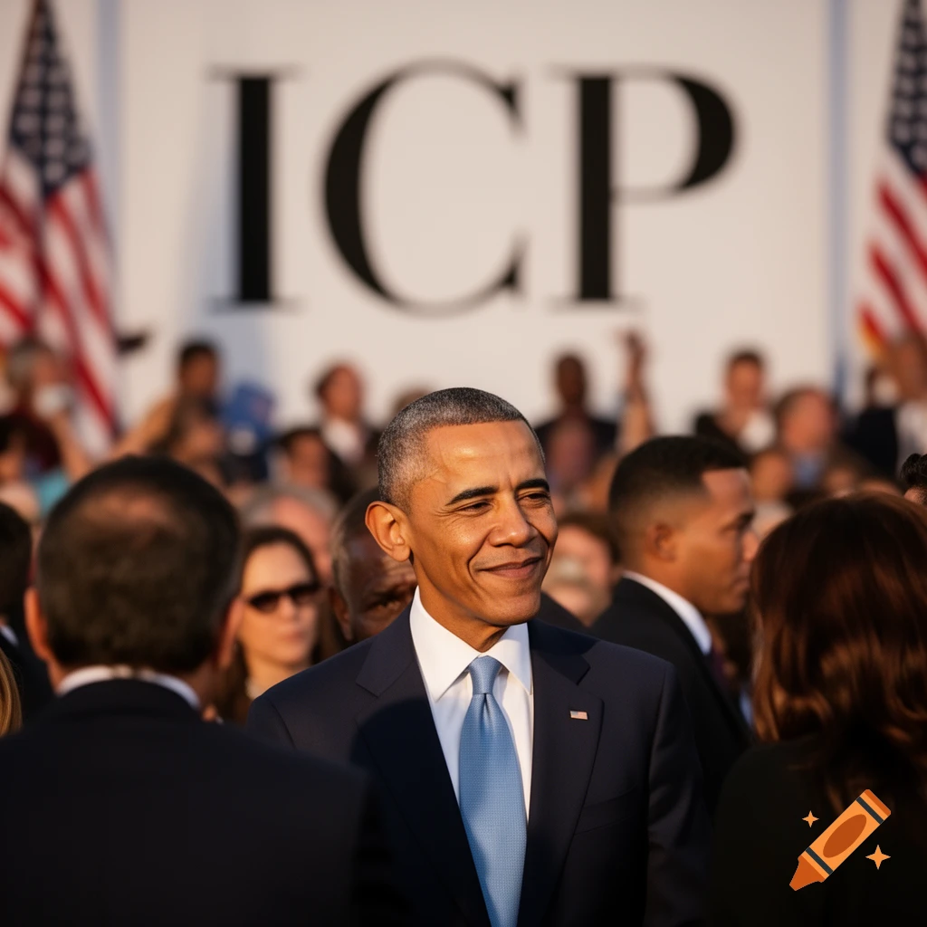 Barack Obama smiles while standing in a crowd, with American flags and an 'ICP' banner visible in the background.