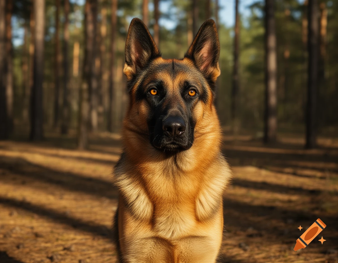A close-up, front-facing shot of a German Shepherd dog with bright orange eyes, sitting in a sun-dappled forest.