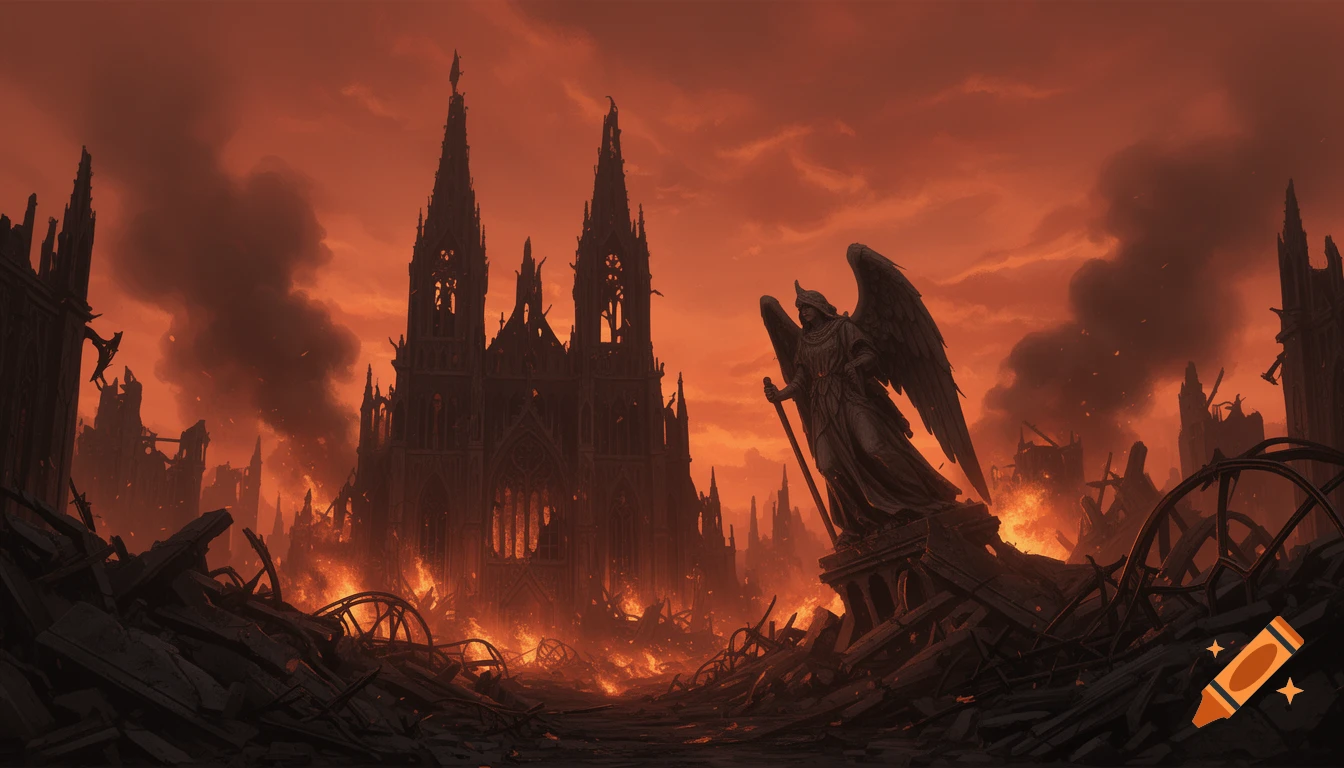 A dark, dramatic image of a destroyed Gothic cathedral and an angel statue amidst rubble and fire under a fiery orange-red sky.