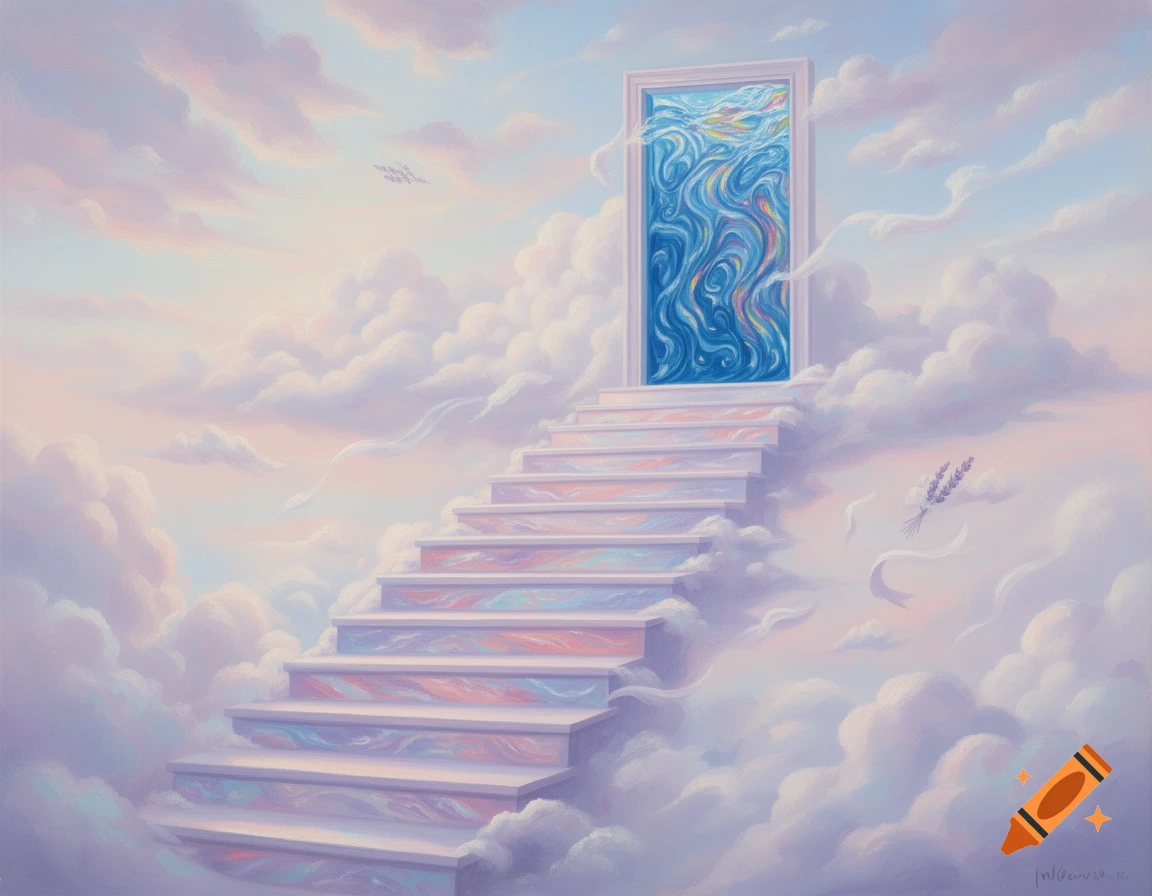 Pastel oil painting of a cloud staircase leading to a door of swirling water in a dreamlike sky.