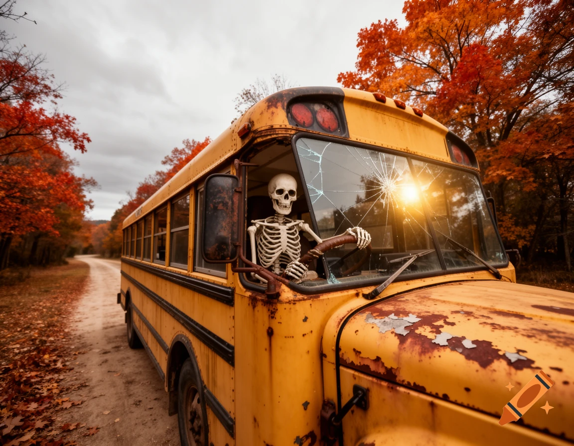 A skeleton drives a rusty yellow school bus down a dirt road, surrounded by vibrant autumn trees under a cloudy sky.