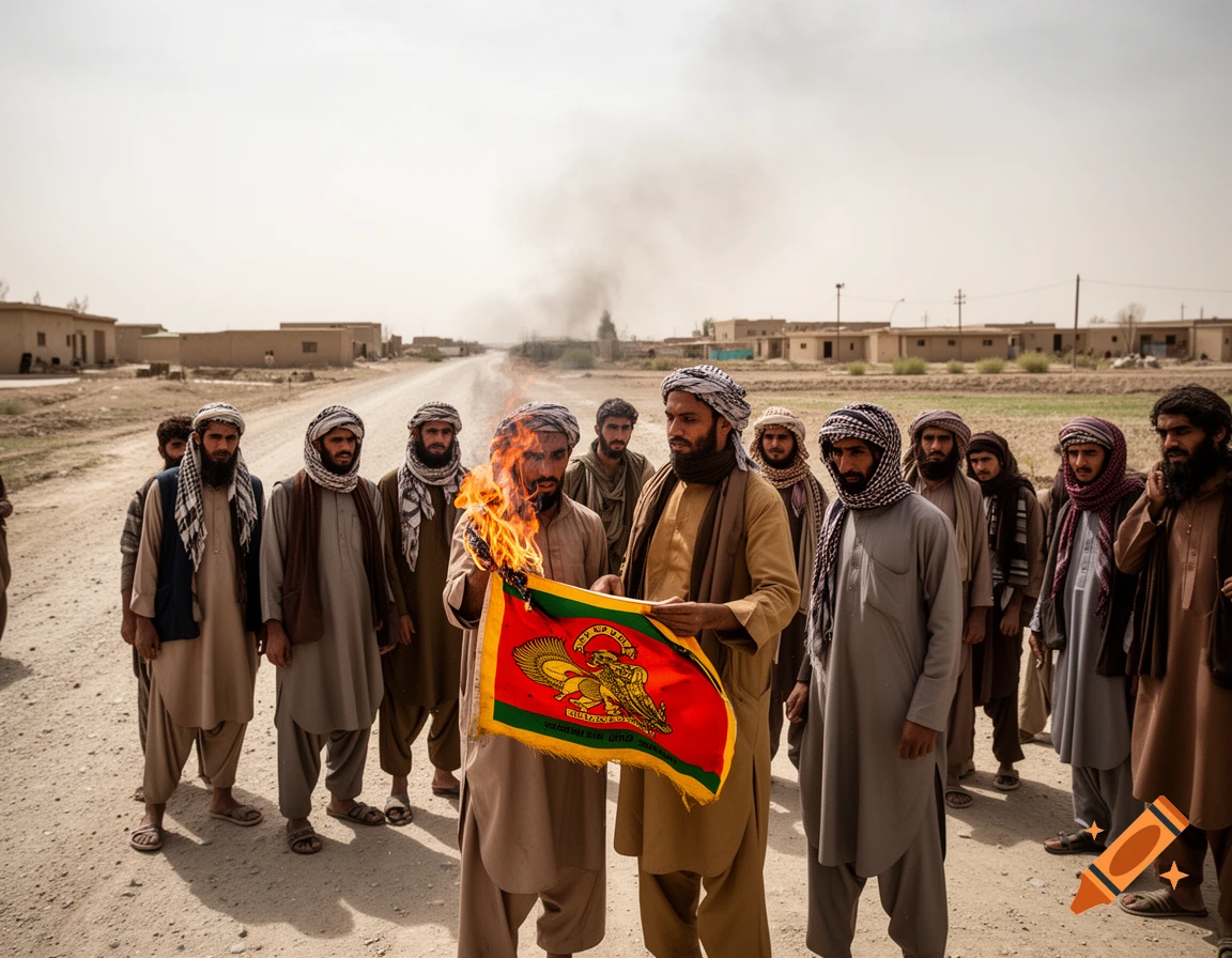 A group of men in traditional attire stands on a dirt road in a village, watching one man burn a red and green flag with a yellow lion emblem.