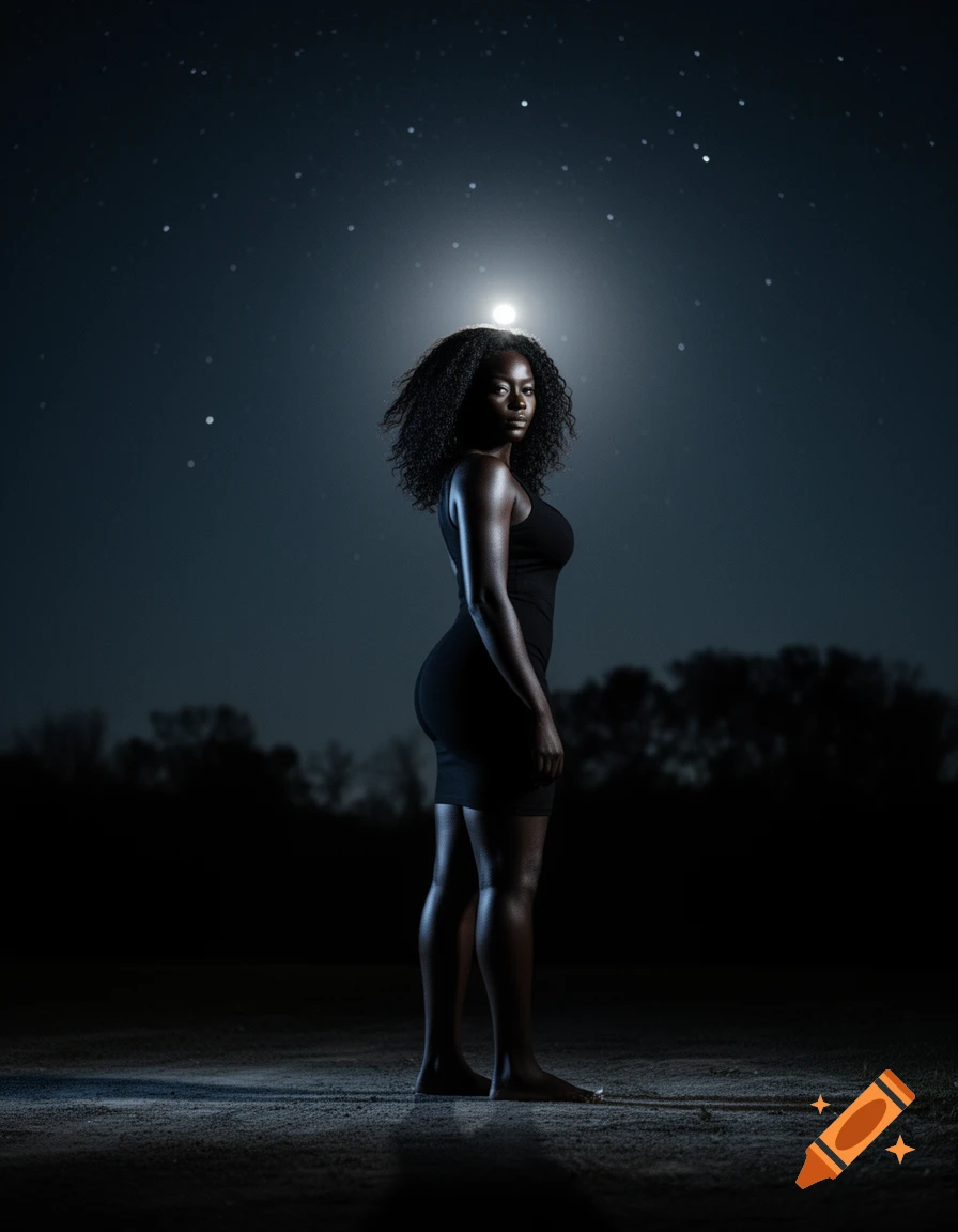 A beautiful Black woman with curly hair stands in a black dress under a starry night sky with a bright light behind her head.