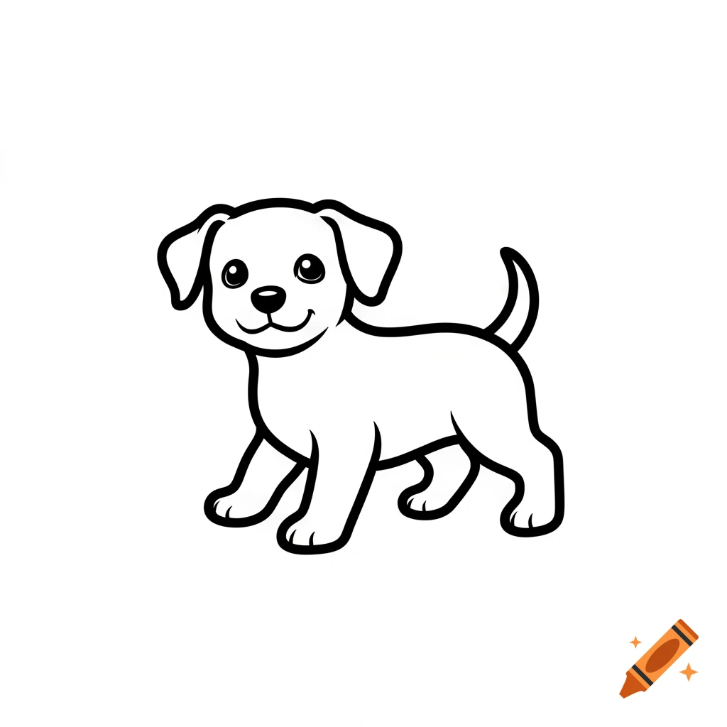 A cute cartoon puppy in black line art with no shading, facing forward with a slight smile.