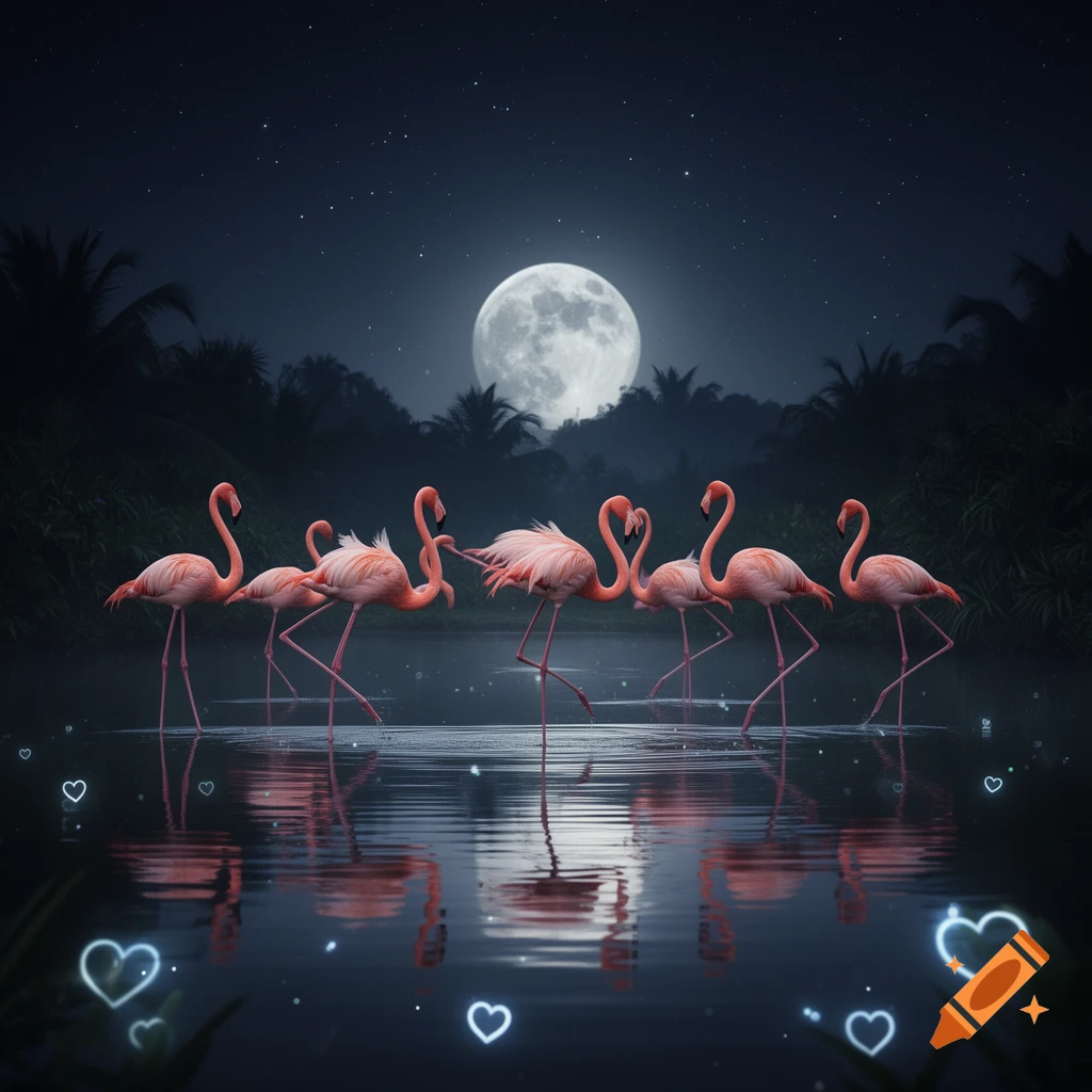 Pink flamingos dance in a moonlit tropical lake, with glowing heart symbols floating on the water.