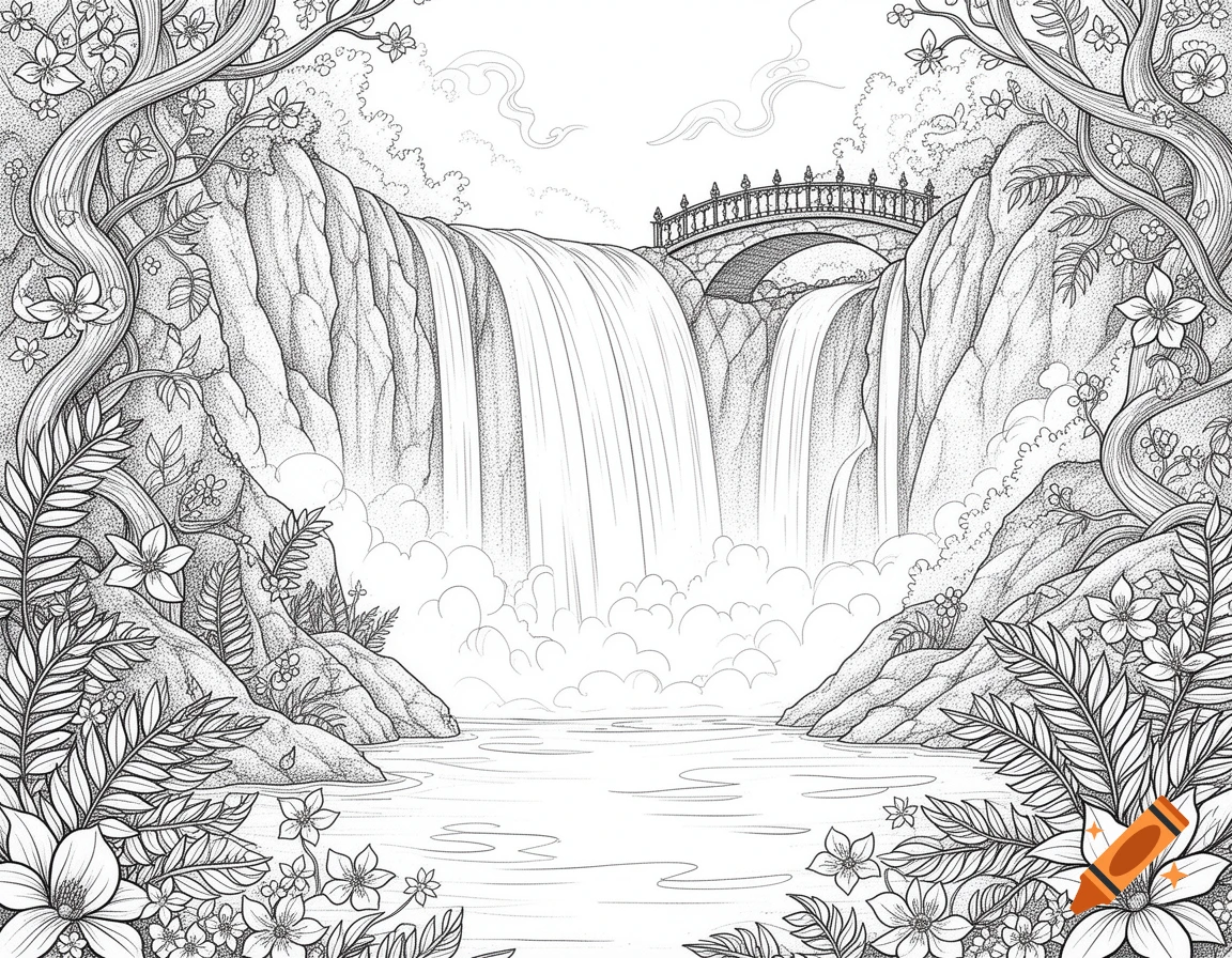 A black and white line art coloring page of an enchanted waterfall scene with a stone bridge over two waterfalls, surrounded by lush foliage and trees.