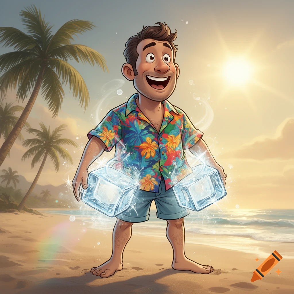 A smiling cartoon man in a Hawaiian shirt and shorts stands on a sunny beach, holding large ice cubes at his waist.