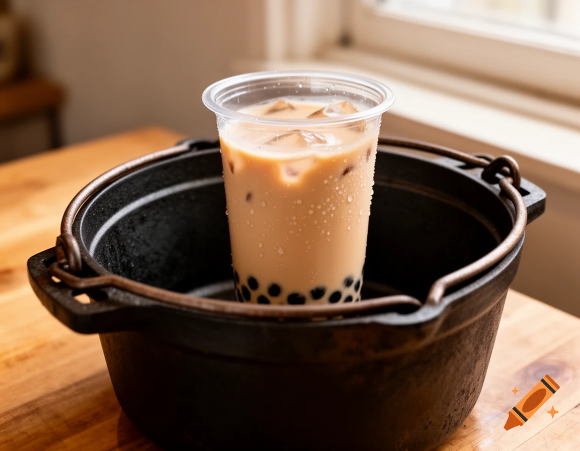 A plastic cup of iced boba milk tea with condensation sits inside a cast-iron Dutch oven on a wooden table.