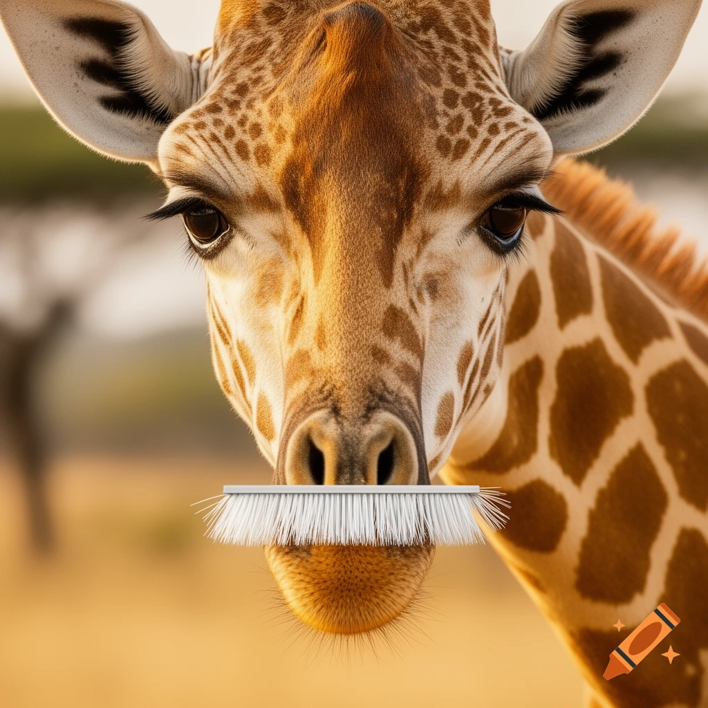 A photorealistic close-up of a giraffe's face featuring a white toothbrush as a mustache.