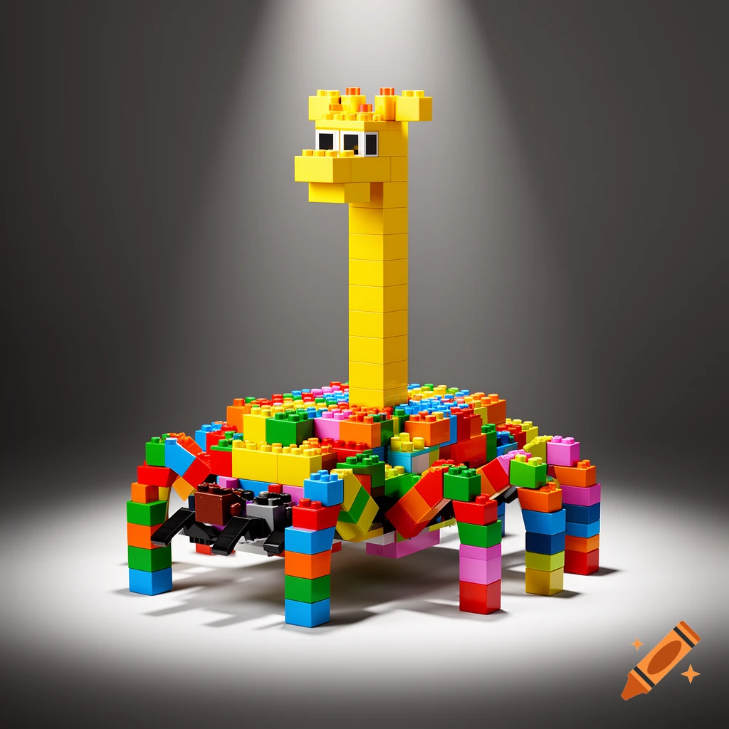 A colorful toy creature made of building blocks, a hybrid with a spider body and a long yellow giraffe neck and head, under studio lighting.