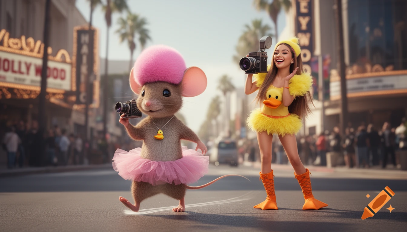 A photorealistic mouse in a pink tutu and pom-pom hat holding a camera, next to a woman dressed as a duck, holding a camera, on a Hollywood street.