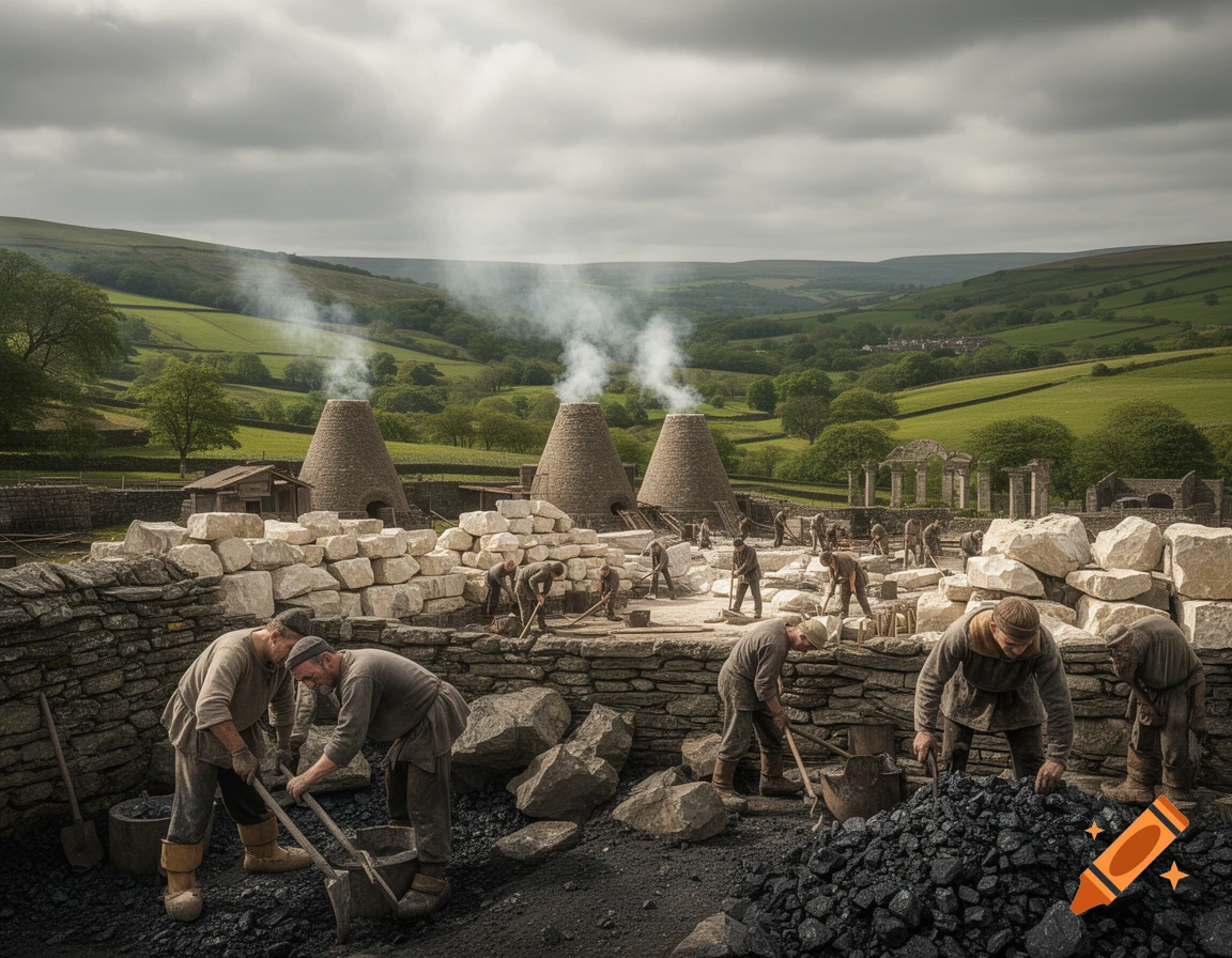 Men laboring in a historical quarry setting with conical kilns emitting smoke against a cloudy sky and green hills.