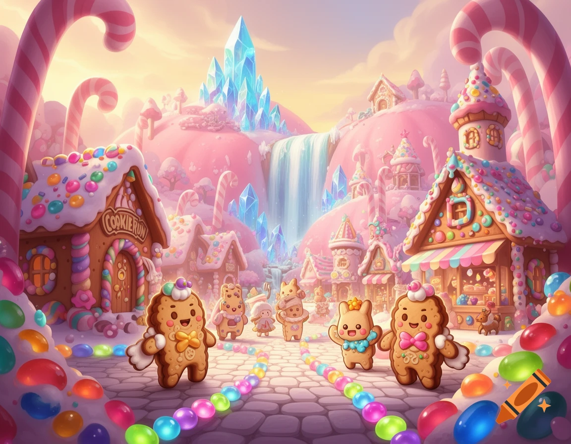 A whimsical candy land with gingerbread houses, giant lollipops, crystal mountains, and cute gingerbread characters on a candy-lined path.