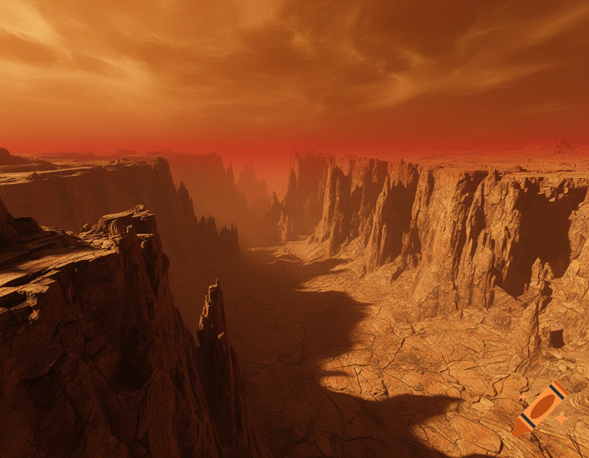 A vast, rocky canyon landscape on a planet with a dense orange sky.