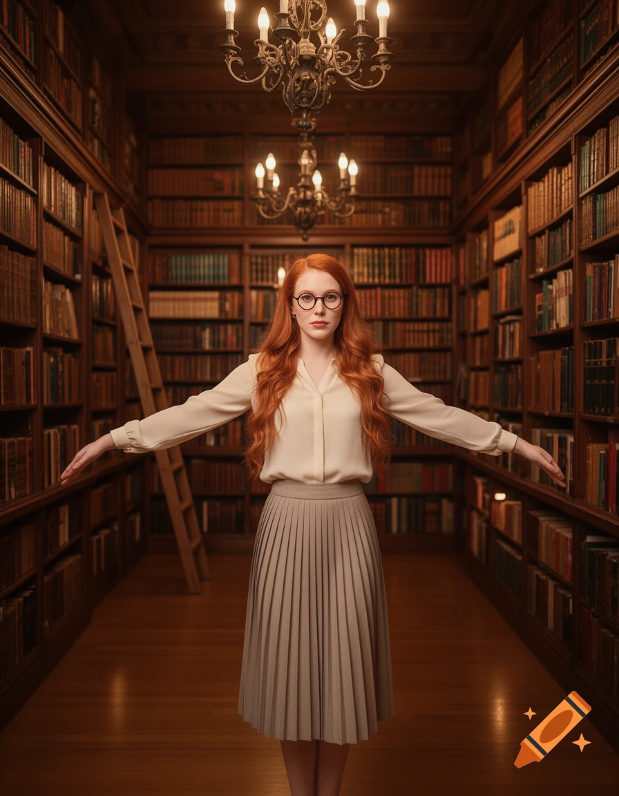 A woman with long red hair and glasses stands in a t-pose in a grand library, flanked by tall bookshelves and illuminated by chandeliers.