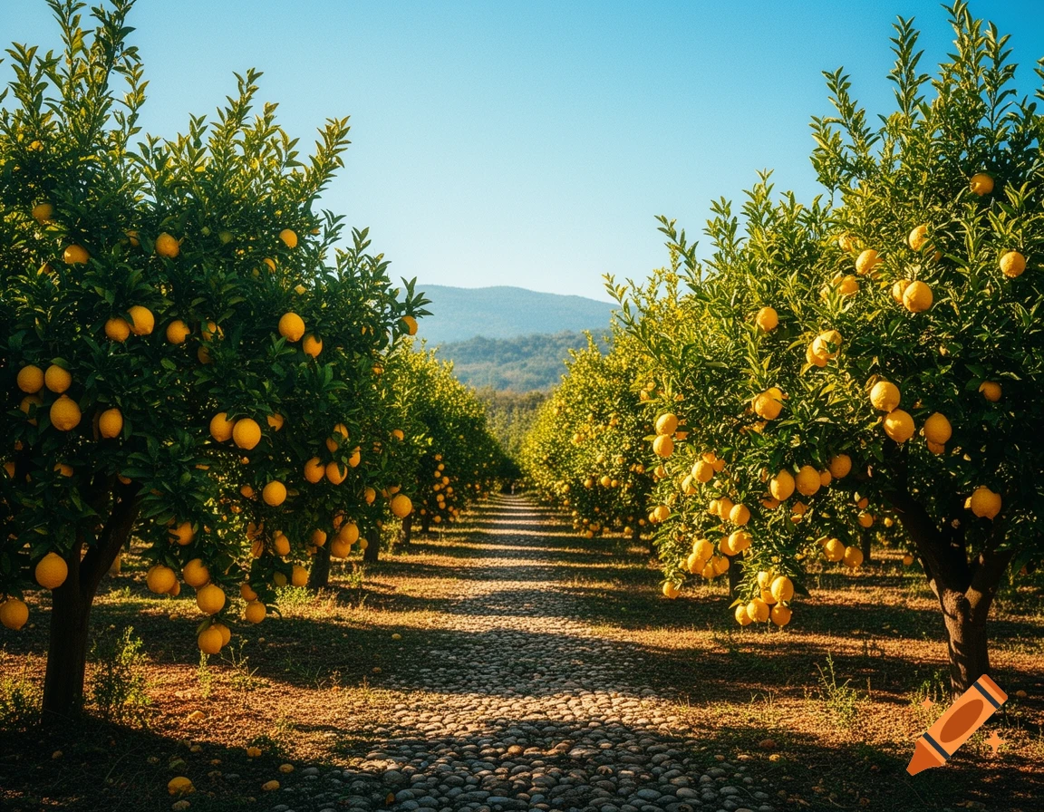 A vibrant lemon grove bathed in sunshine, with rows of trees heavy with yellow lemons along a stone path leading to distant mountains.